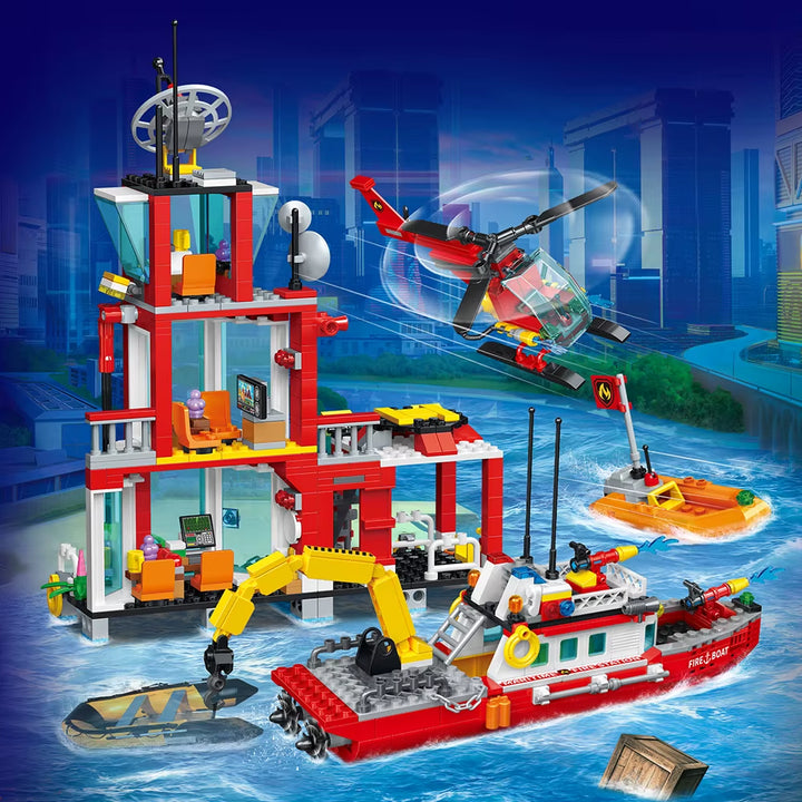City Oceans Fire Station Blocks Compatible with Leg0 Fire Station Set with Fire Station,Fire Helicopter,Fire Ship,Rescue Boat