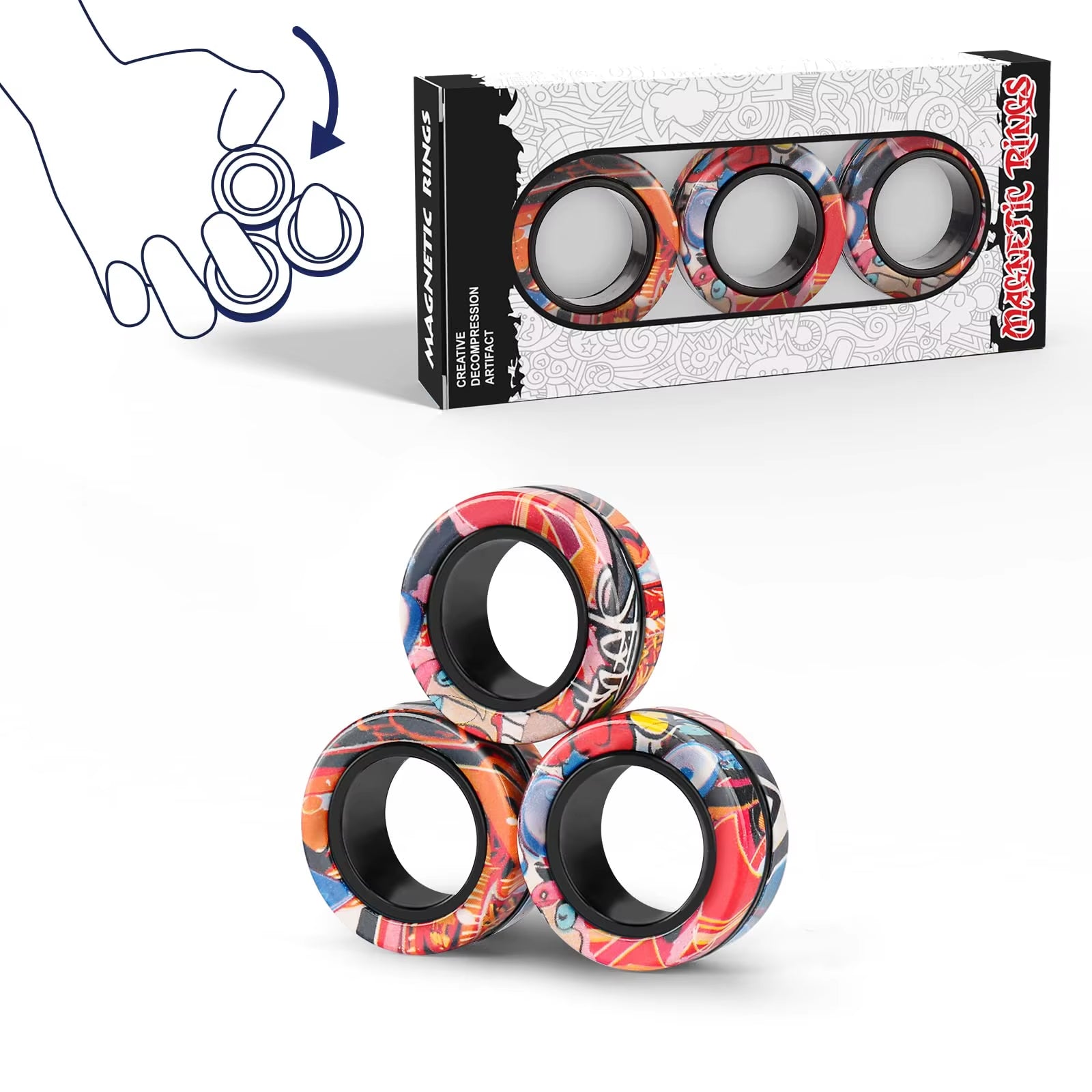 Random 3Pcs Fidget Spinner Magnetic Ring Toys Set Fingers Magnet Rings ADHD Stress Relief Magical Toys for Adult Kids Anxiety