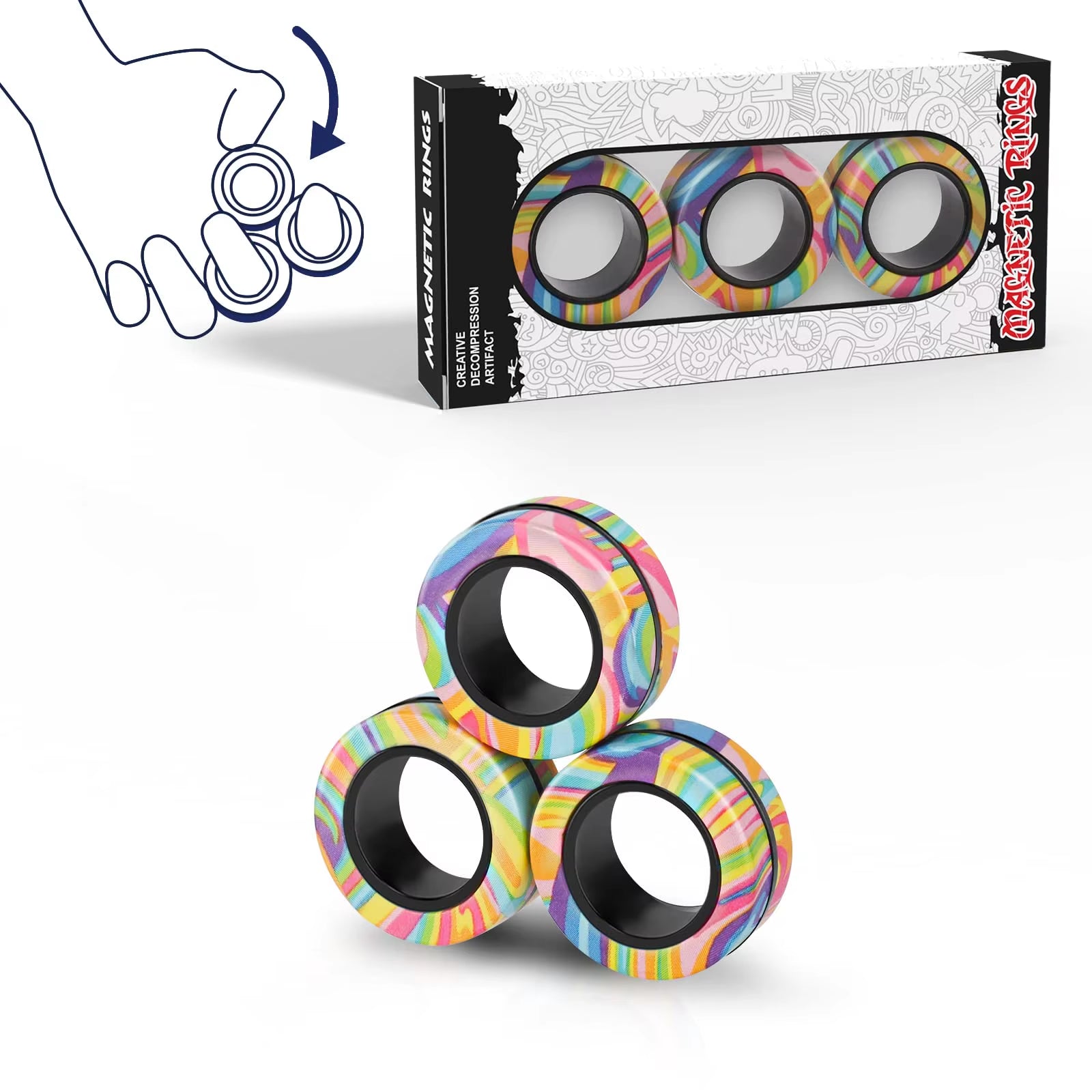 Random 3Pcs Fidget Spinner Magnetic Ring Toys Set Fingers Magnet Rings ADHD Stress Relief Magical Toys for Adult Kids Anxiety
